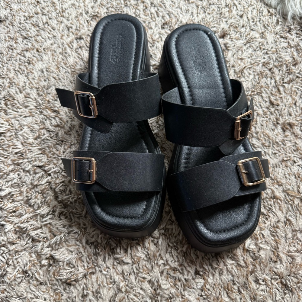Black Double Strap Platform Sandals with Buckles